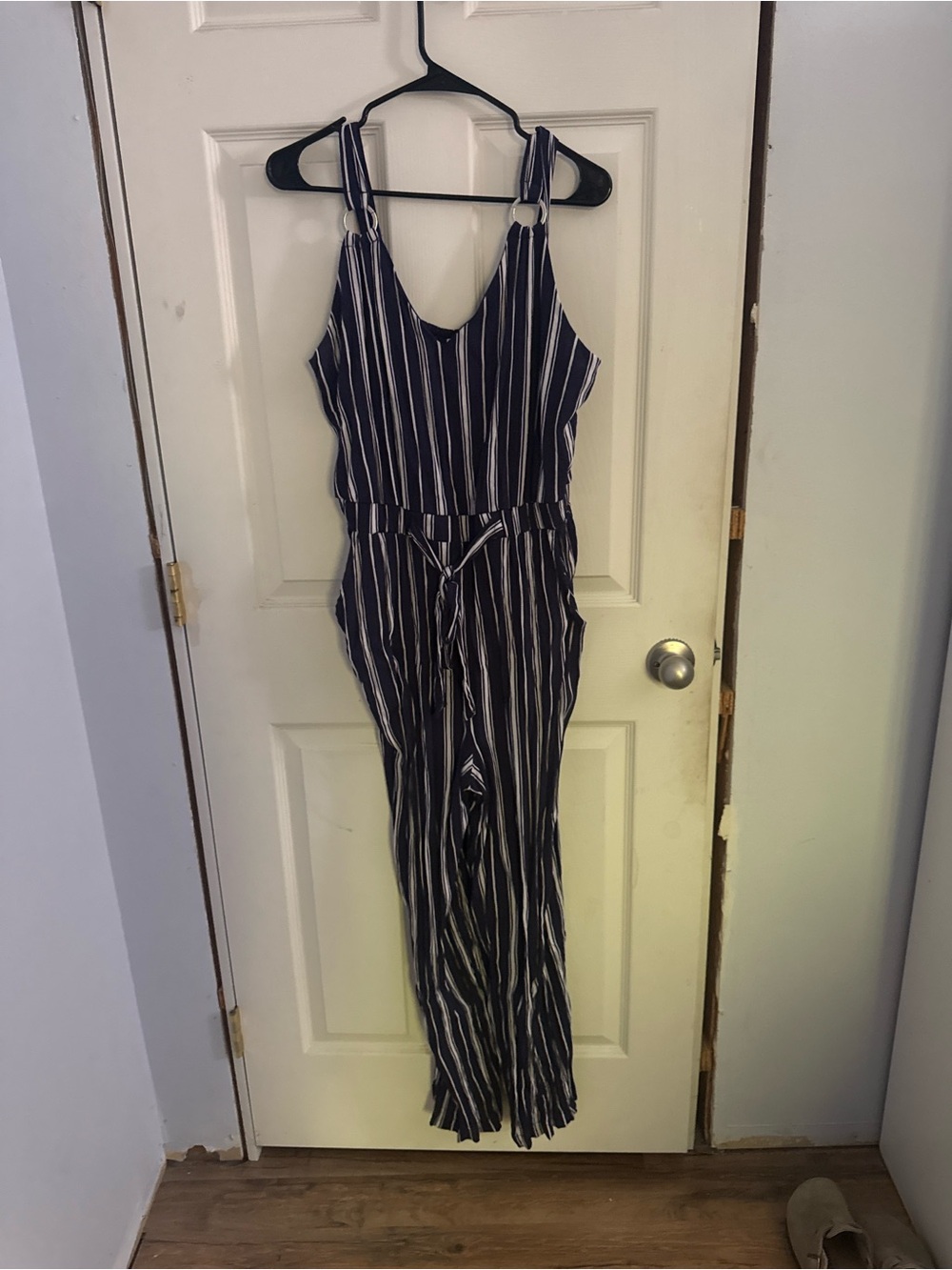 No Boundaries Navy and White Striped Sleeveless Jumpsuit with Tie Waist